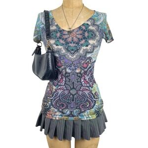 Boho Fairy Paisley Mandala Print Scoop Neck Tee Sz S Hippie Indie Y2k 2000's